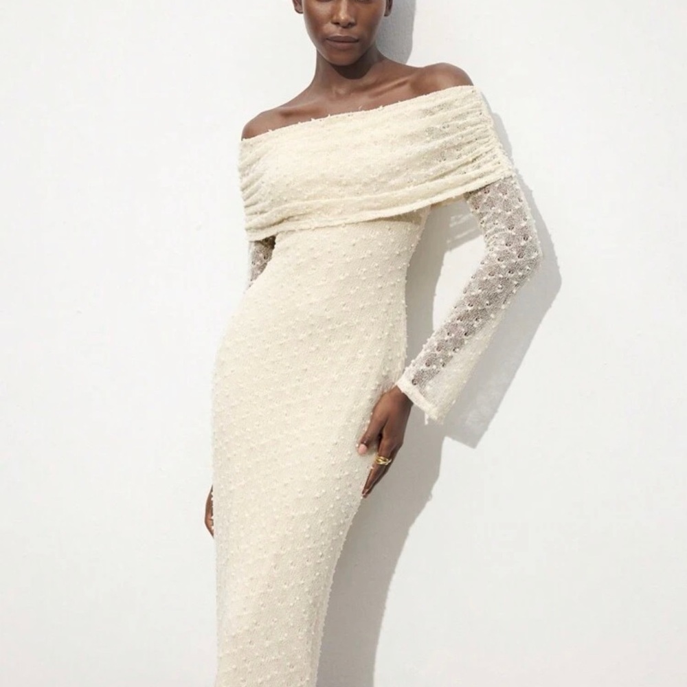Off-Shoulder Cream Long Sleeve Knit Dress
